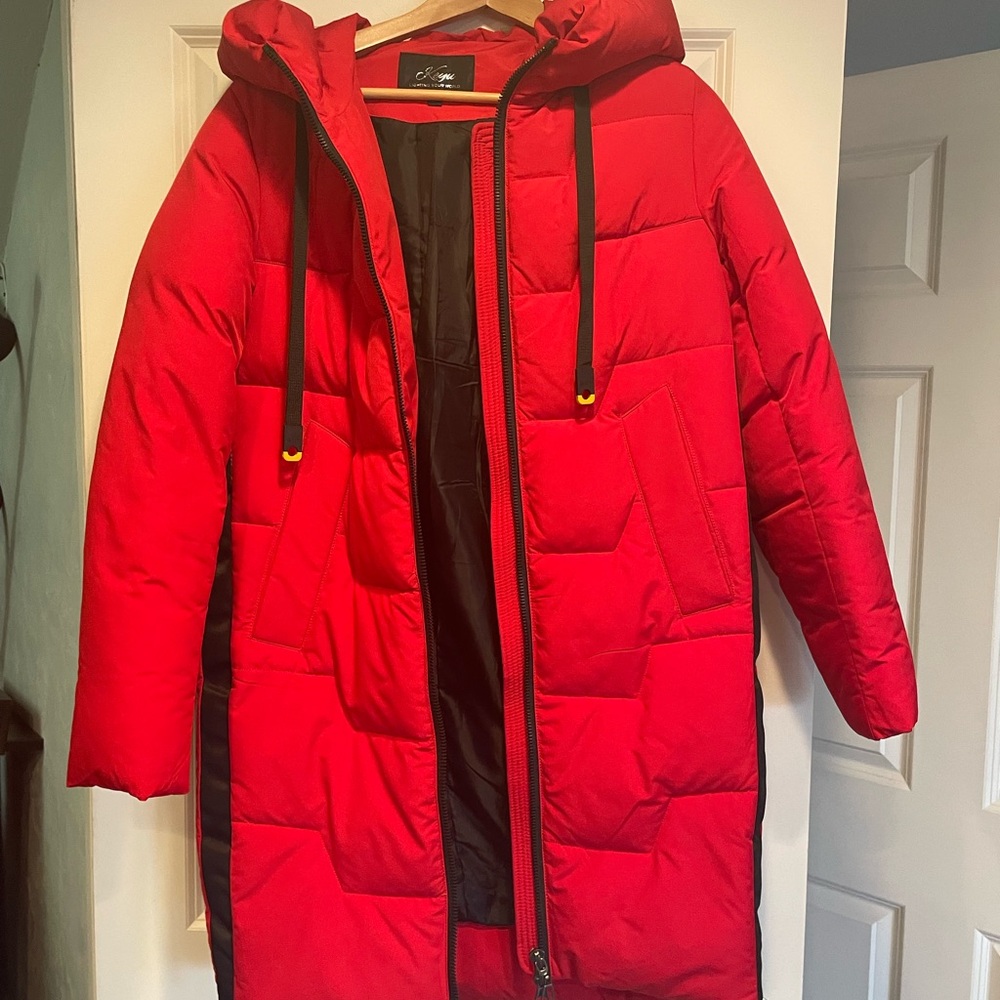 Red Puffer Jacket with Hood 3/4